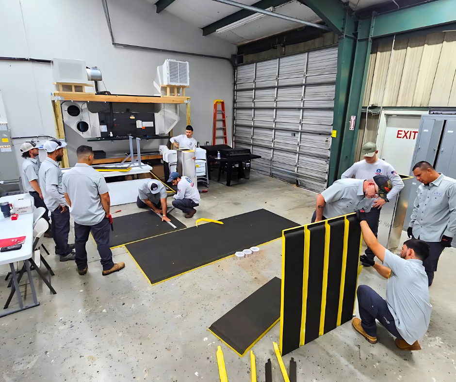 a group of Certified technicians working on different projects inside a warehouse