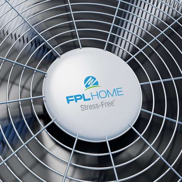 See a close-up of a metal fan cover featuring the FPL Home logo and "Stress-Free," highlighting certified AC services.