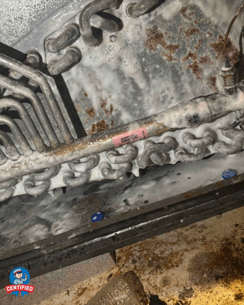 You see a frosted HVAC coil with visible pipes, rust, and frost on metal parts, emphasizing the need to clean coils regularly.
