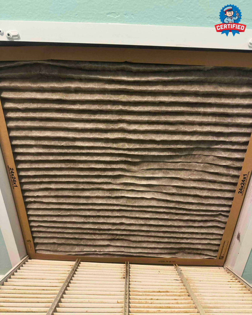 Dust and debris coat a dirty air filter in a vent; a clean filter below shows why Southwest Florida HVAC maintenance is essential.