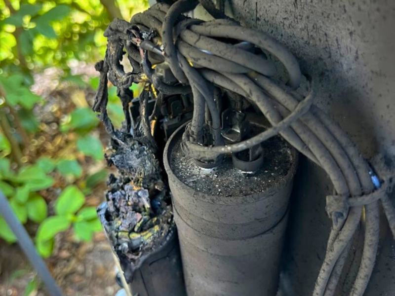 Burned and damaged electrical components show melted wires on outdoor equipment, set amid surrounding greenery in a close-up view.