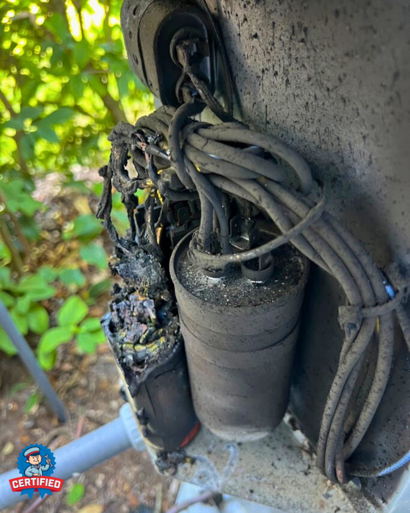 Burned and damaged electrical components show melted wires on outdoor equipment, set amid surrounding greenery in a close-up view.