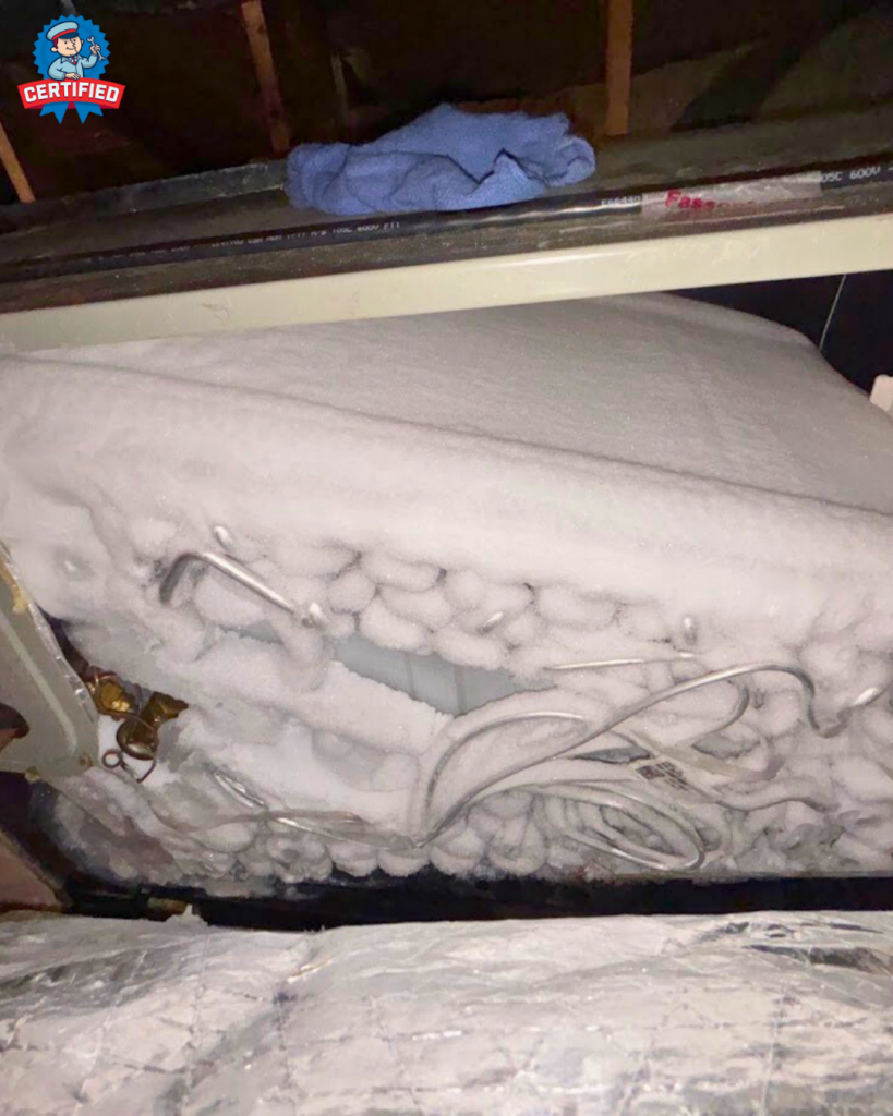 Frost and ice cover the coils and tubing inside this air conditioning unit—unexpected when Florida heat hits and your AC fails.