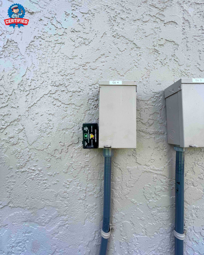 Two gray electrical boxes sit on a textured wall, conduit pipes running down; the left box features a small surge protection device.